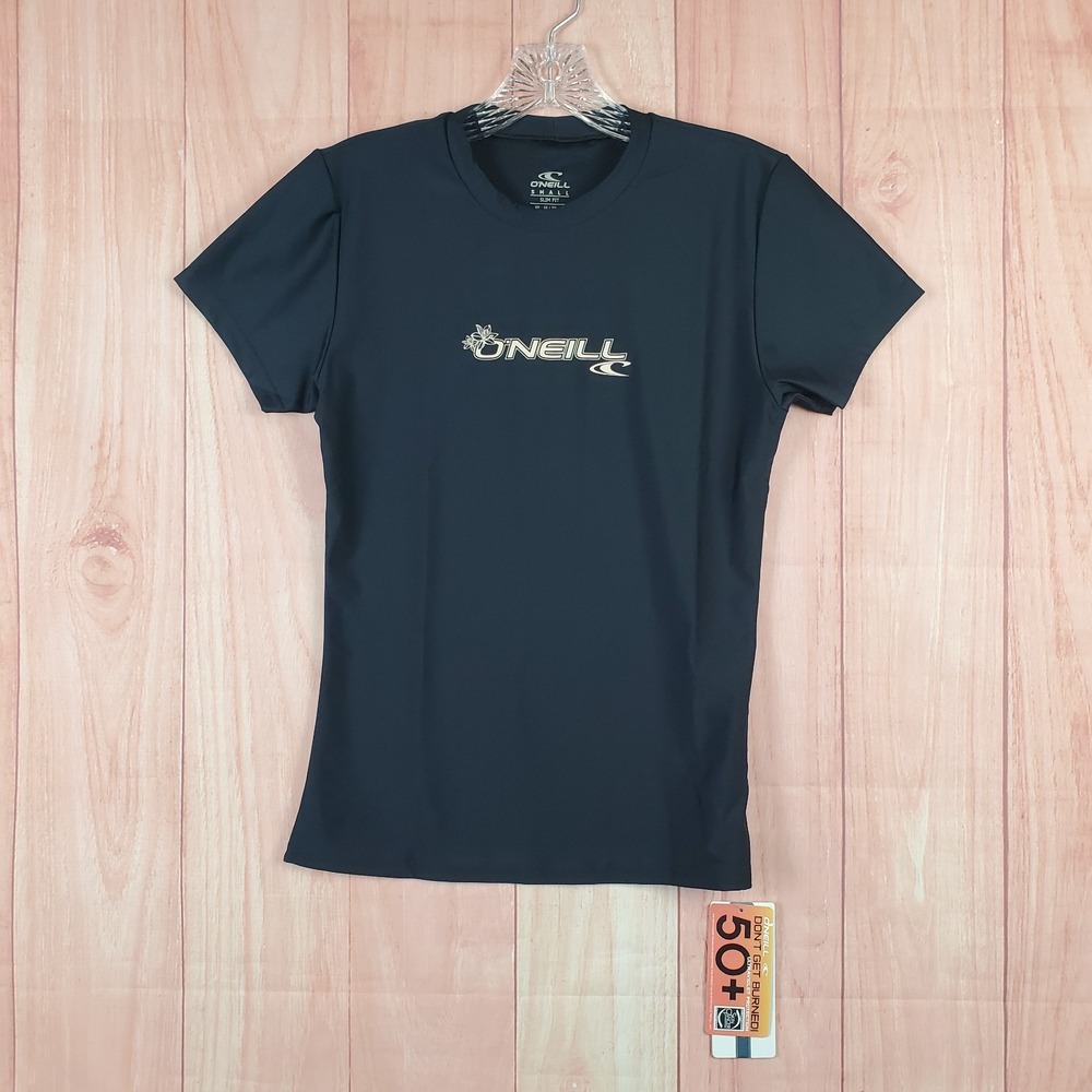 O'Neill Womens Sun Shirt Small Slim Black Polyester Crew Neck Short Sleeve